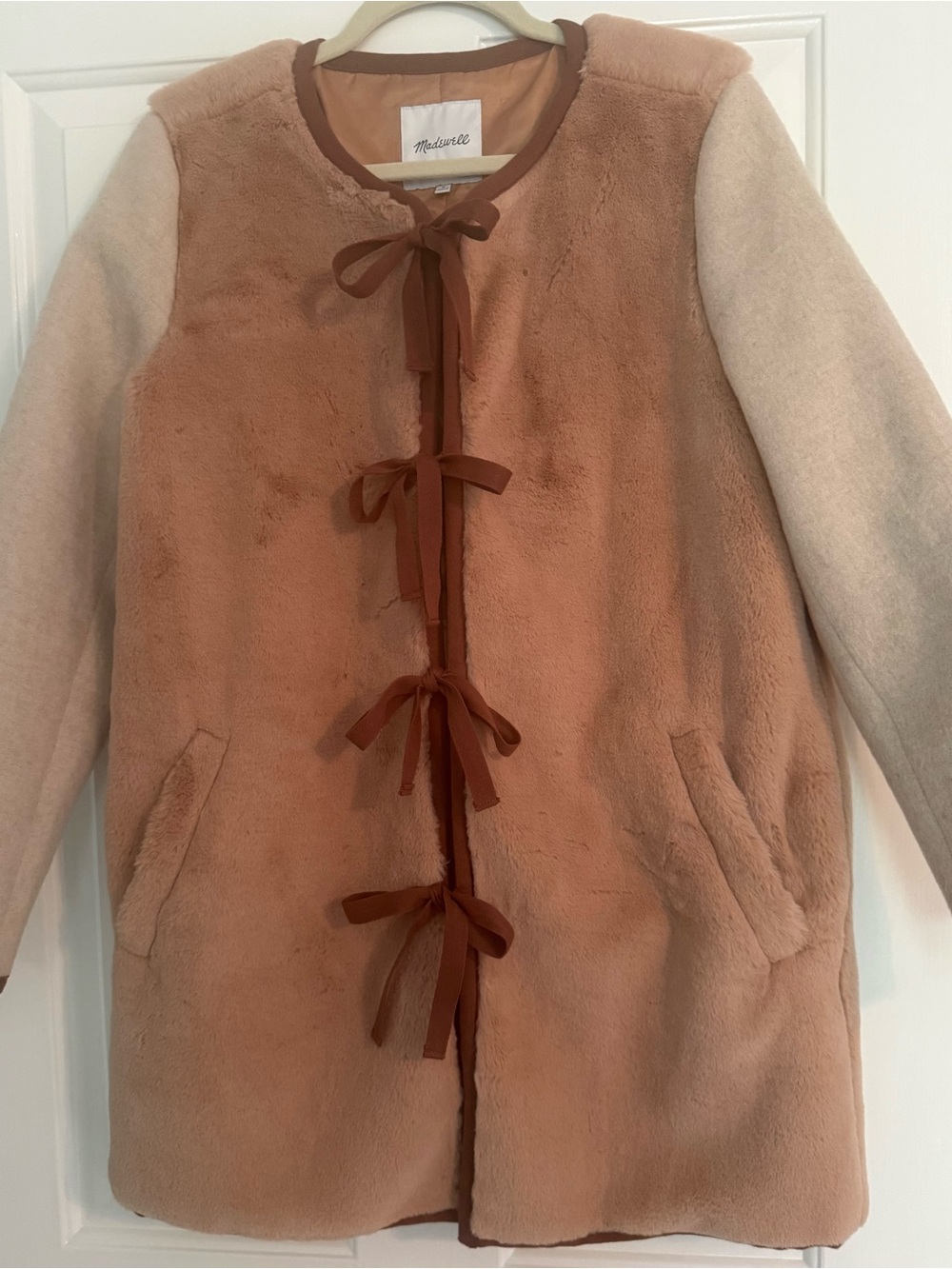 Madewell Faux-Fur ribbon tie coat with wool sleeves